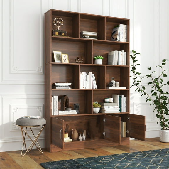 Nmkwnr 70.87" Tall Bookshelf Storage Organizer with 10 Shelf and 3 Doors Cabinet, 4 Tier Bookcase for Living Room, Office