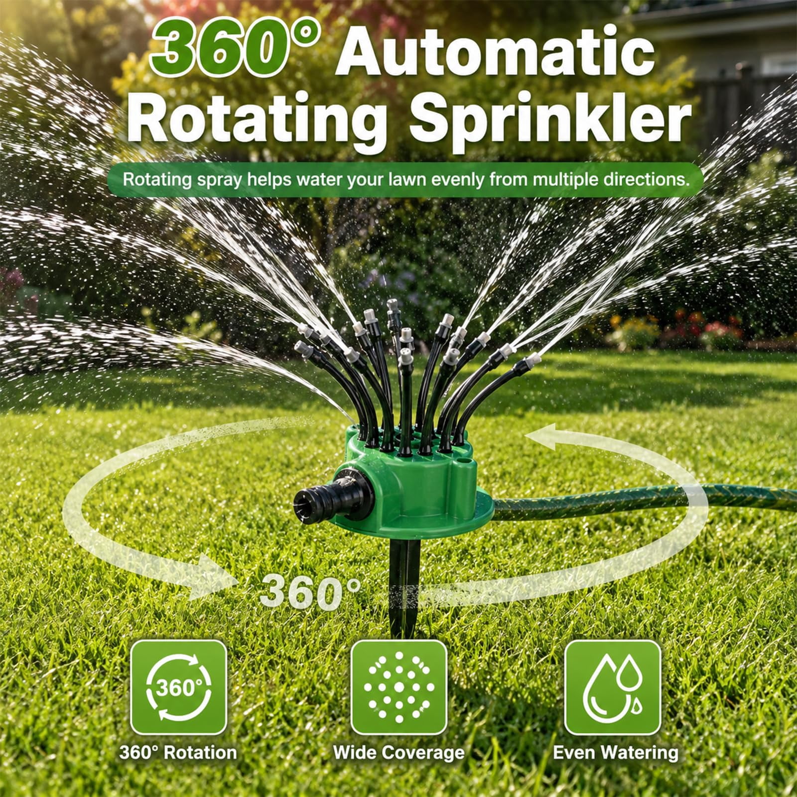 360° Coverage Precision Garden Irrigation Sprinkler - Adjustable Rotating Lawn Sprinkler with 12 Outlets for Yard, Garden, Patio Watering