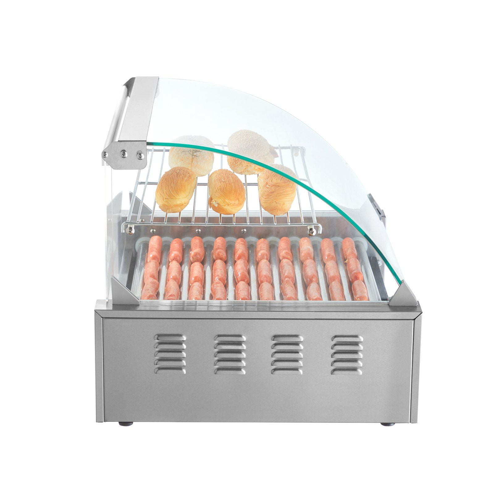 11-Roller Hot Dog Cooker, 1650W Stainless Steel Sausage Grill w/ Dual Temp Control, 30-Capacity, Glass Hood & Bun Warmer, ETL Certified