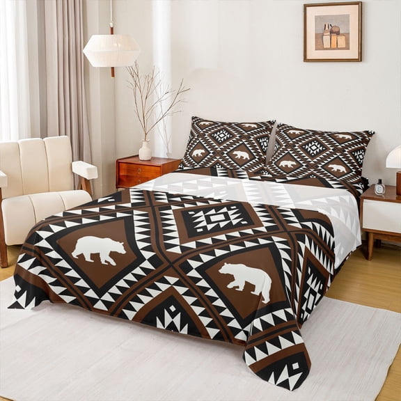 jejeloiu Southwestern Bear Bed Sheets,Aztec Print Full Size Sheets For Boys,Brown Black,4 Pieces,1 Flat Sheet, 1 Fitted Sheet and 2 Pillowcases