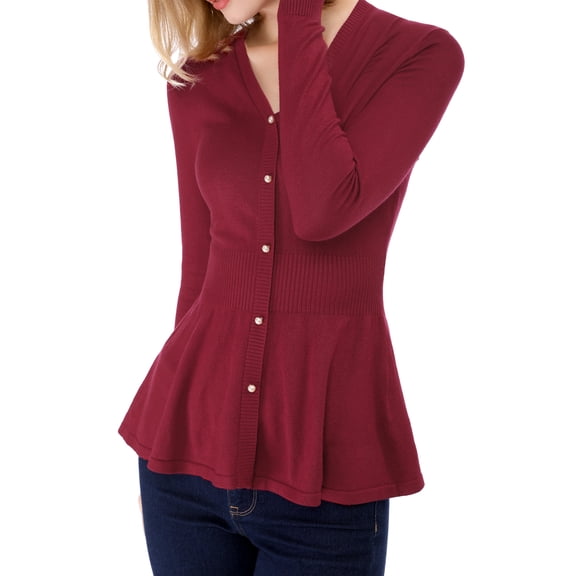 INSPIRE CHIC Women's Peplum Sweater V Neck Long Sleeve Knit Cinched Waist Tops for Casual Wear and Everyday Style XS Burgundy