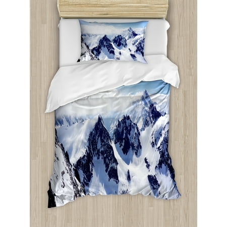 Winter Duvet Cover Set, Snowy Mountain Peaks Tops High Lands Northern Scenic Alps Panorama Valley Print, Decorative Bedding Set with Pillow Shams, White Blue, by