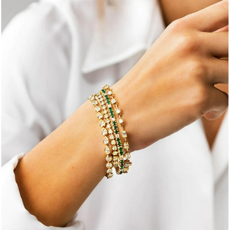 Retro Designer CZ Emerald Diamond Tennis Bracelet 14K Yellow Gold