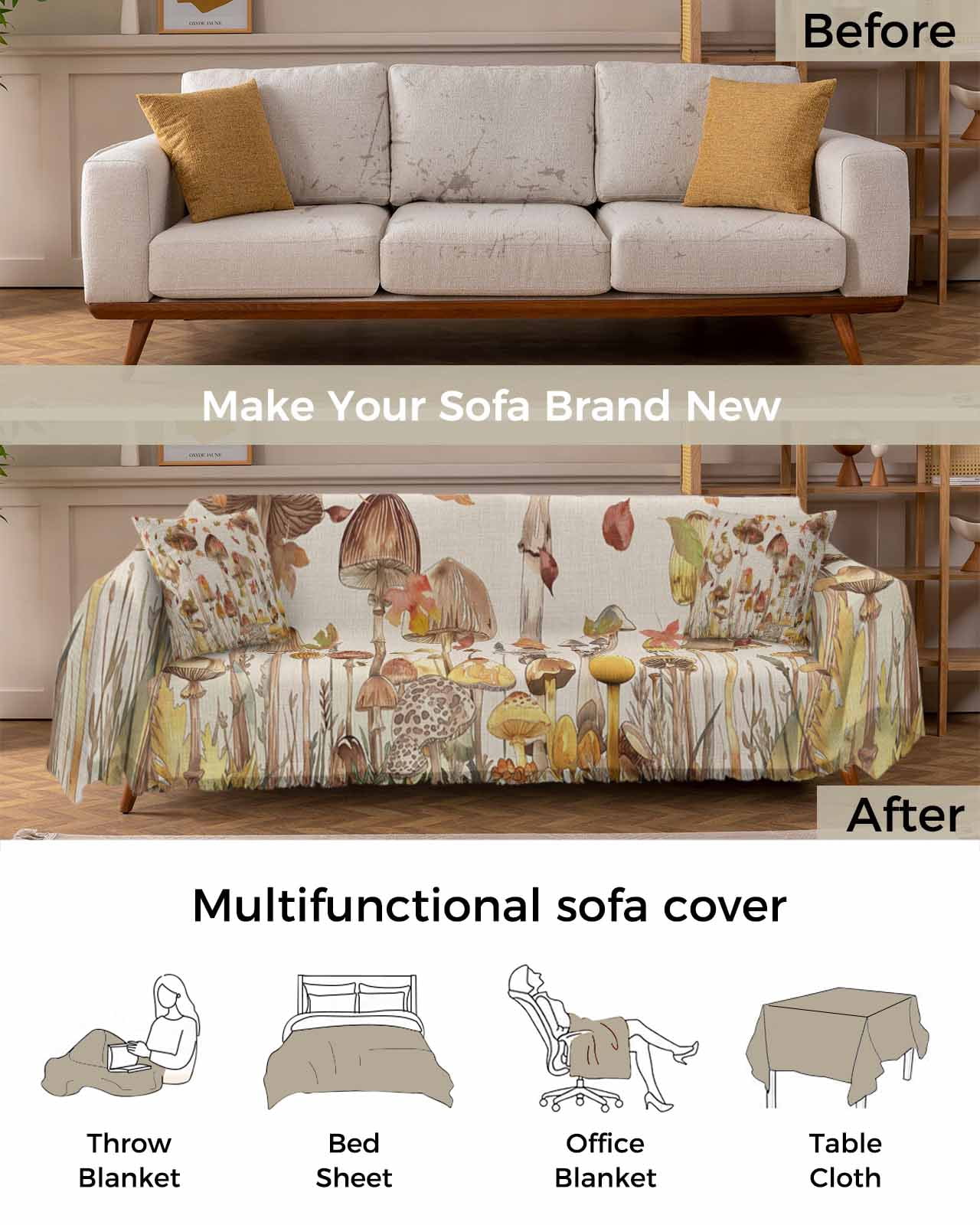 Autumn Mushroom Sofa Couch Covers for Dog,Washable Sofa Throw Cover Single Slipcovers for Armchair with Tassels,Fall Country Maple Leaves Beige Couch Protector Towel Blanket Medium 71''x91''
