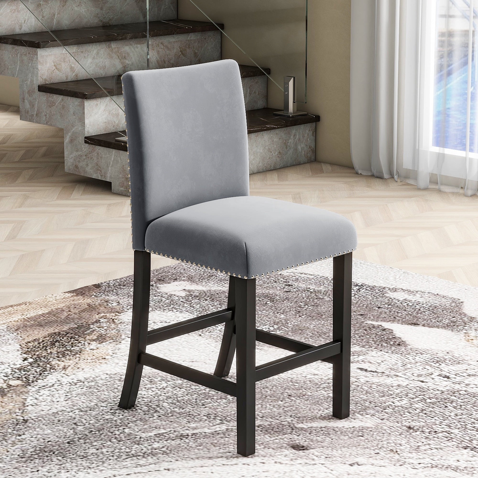 PORKISS Dining Table Set for 4, Dining Room Set with Faux Marble Kitchen Table and Velvet Upholstered Chairs, Counter Height Dining Set, Grey