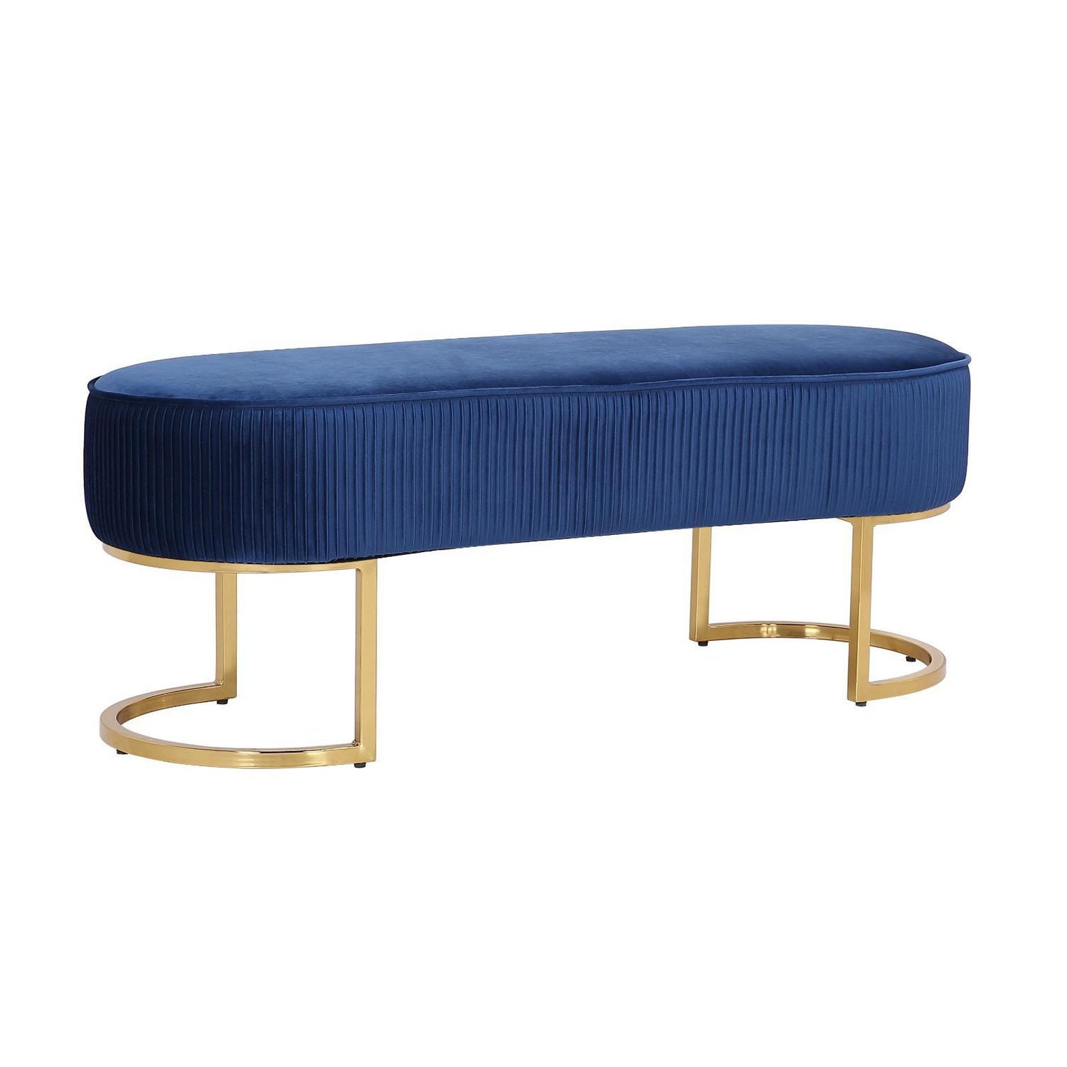 Banc Elinor, banc en velours, banc ovale en velours, banc ovale avec pieds dorés, banc sans dossier, repose-pieds en velours bleu, banc de chambre à coucher, banc d'entrée, banc de salon