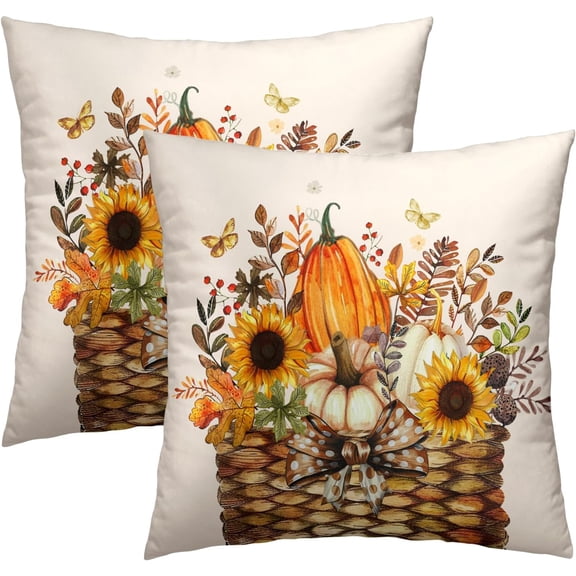 Fall Farmhouse Pillow Covers 18x18 Inch, Set of 2 Autumn Pumpkin Sunflowers Leaves Basket Square Cotton Pillowcases for Couch Sofa Living Room Bedroom Indoor Outdoor Decor