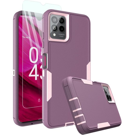 Revvl 6 Pro Case, Revvl 6X Pro Case, with Glass Screen Protector, Dust-Proof Port Cover, Full Body Rubber Protection Phone Case for T-Mobile Revvl 6/6x Pro 5G, Pink/Purple
