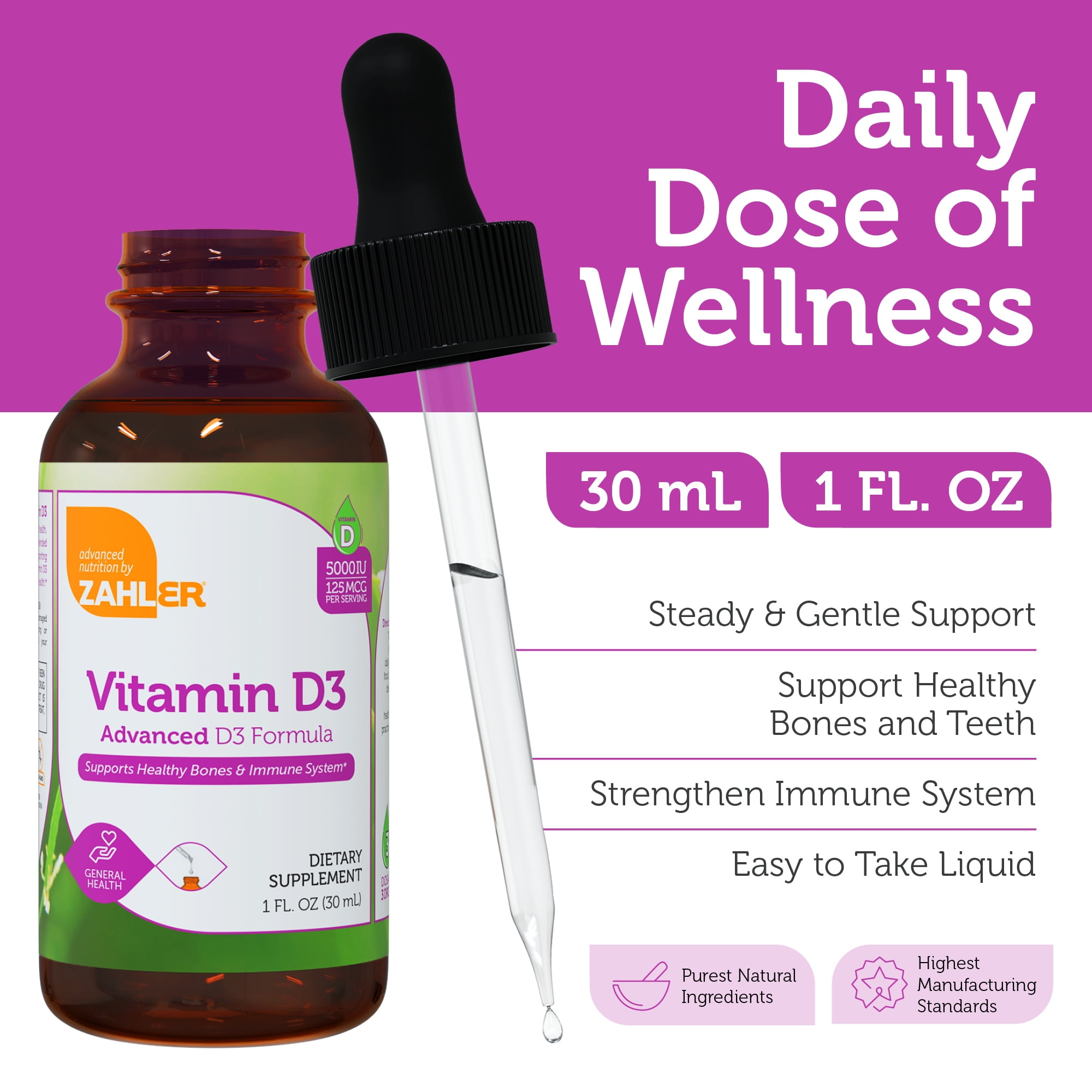 Zahler Vitamin D3 Liquid Drops 5,000 IU, Advanced D3 Formula, Immune Support, Bone Health, Easy One-Drop Daily Vitamin Supplement