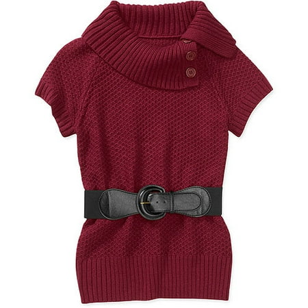 No Boundaries Juniors Belted Button Neck Tunic Sweater