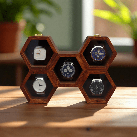 Creation India Craft Honeycomb Watch Case, Wooden Watch Box, Watch Box for Men, Watch Storage Box, Jewelry Case, Gift for Men & Women (5 Slots), Brown