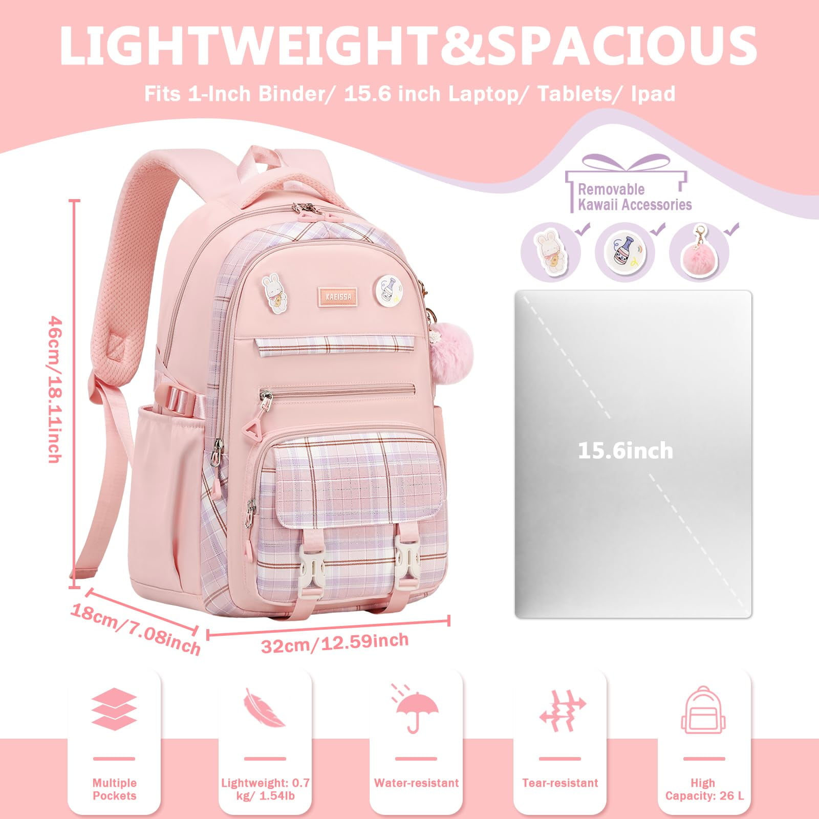 Soda Candy Girls Backpacks for School Kawaii Large Bookbag with Multiple Compartments Lightweight Casual Daypack for Teen Girls Primary Elementary Middle School College, Age 6-14, Pink