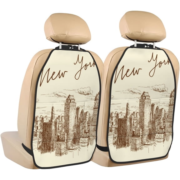 Xecao New York Pattern Car Seat Back Protector 2 Pack Large Capacity Pocket, Kick Mats Back Seat Protector