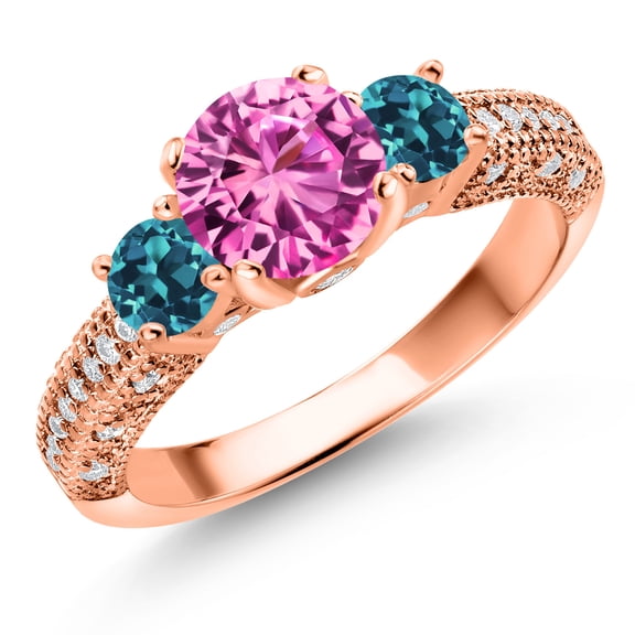 Gem Stone King 18K Rose Gold Plated Silver Pink Created Sapphire London Blue Topaz and White Moissanite Engagement Ring for Women (2.40 Cttw, Gemstone September Birthstone, Round 7MM and 4MM, Size 7)
