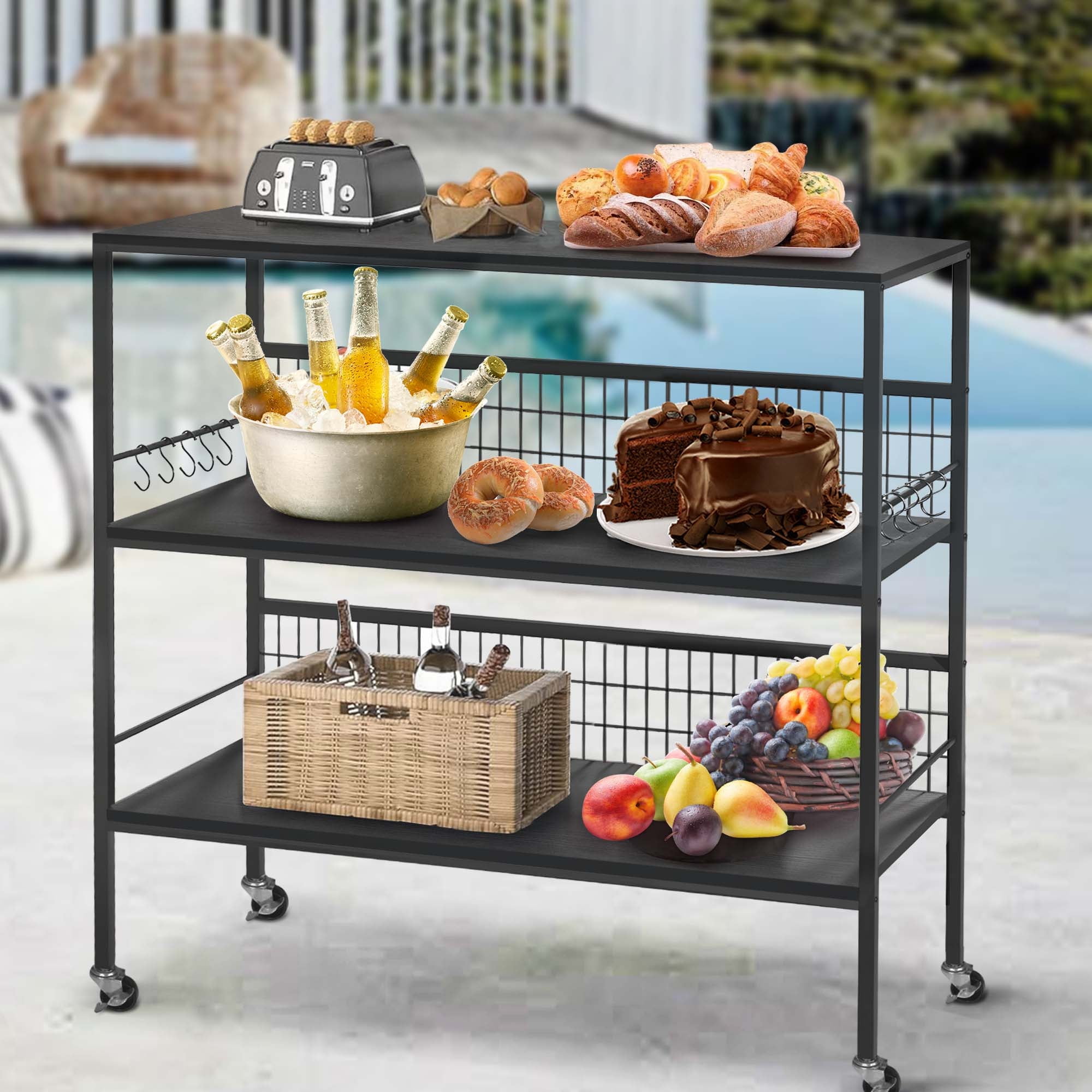 40" Rolling Kitchen Cart Island with Wheels and Storage Shelves, Copedvic 3-Tier Kitchen Bakers Rack Microwave Cart Oven Stand with 10 Hooks, Black