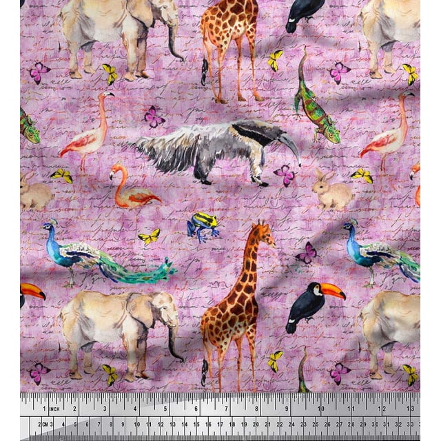 Soimoi Pink Silk Fabric Birds,Elephant & Giraffe Animal Printed Fabric 1 Yard 42 Inch Wide