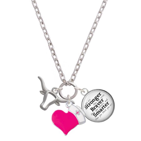 Delight Jewelry Silvertone Longhorn Head Outline - Hot Pink Heart Nurse Strong Zoe Necklace