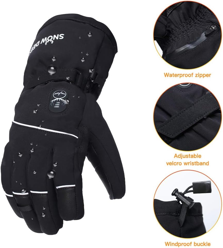 SNOW DEERElectric Heated Gloves, Waterproof & Windproof Ski Gloves with Rechargeable Battery & Touchscreen - Three Heat Settings for Cold Weather Snowboarding