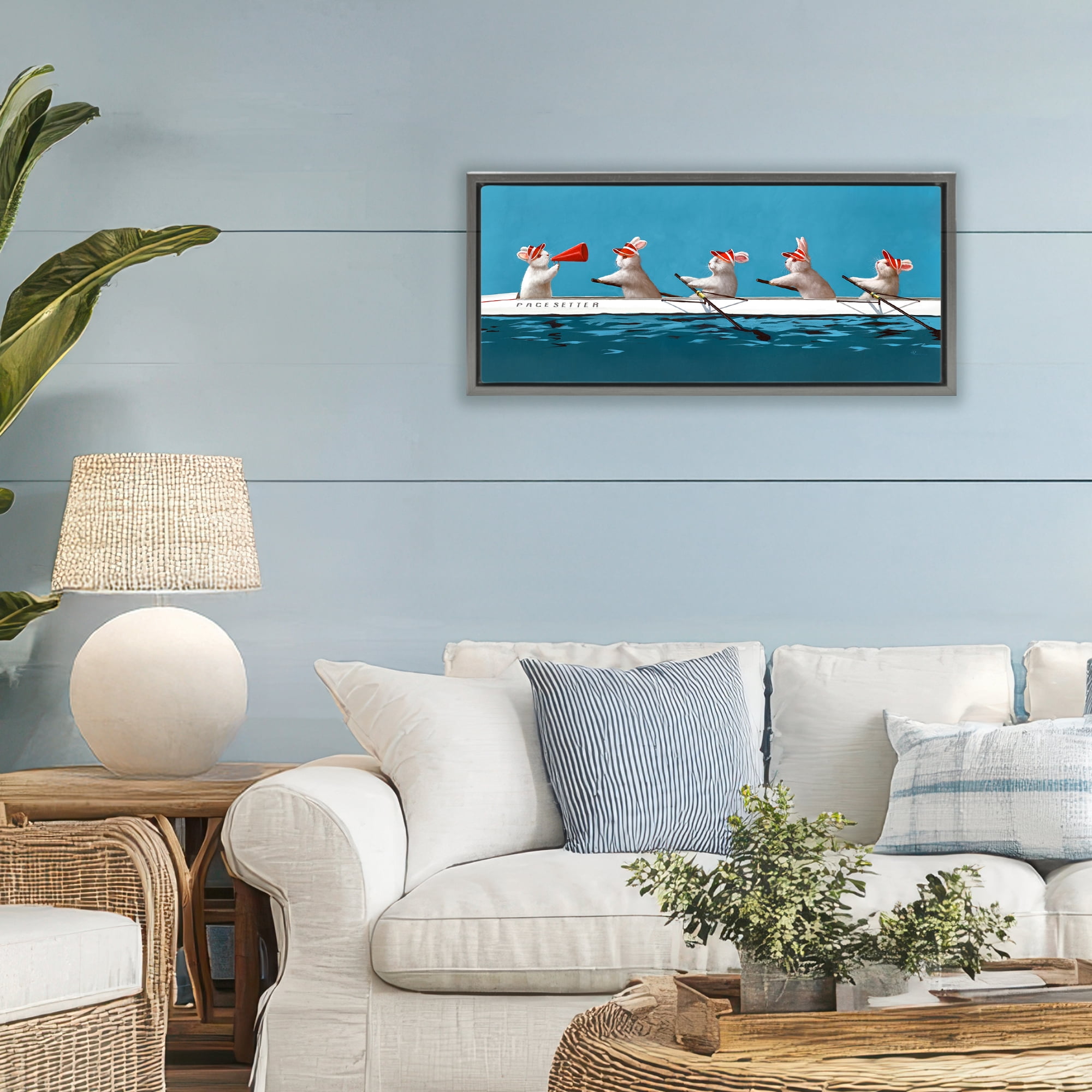 Stupell Industries Bunnies In The Boat Gray Framed Floater Canvas Wall Art, design by Lucia Heffernan