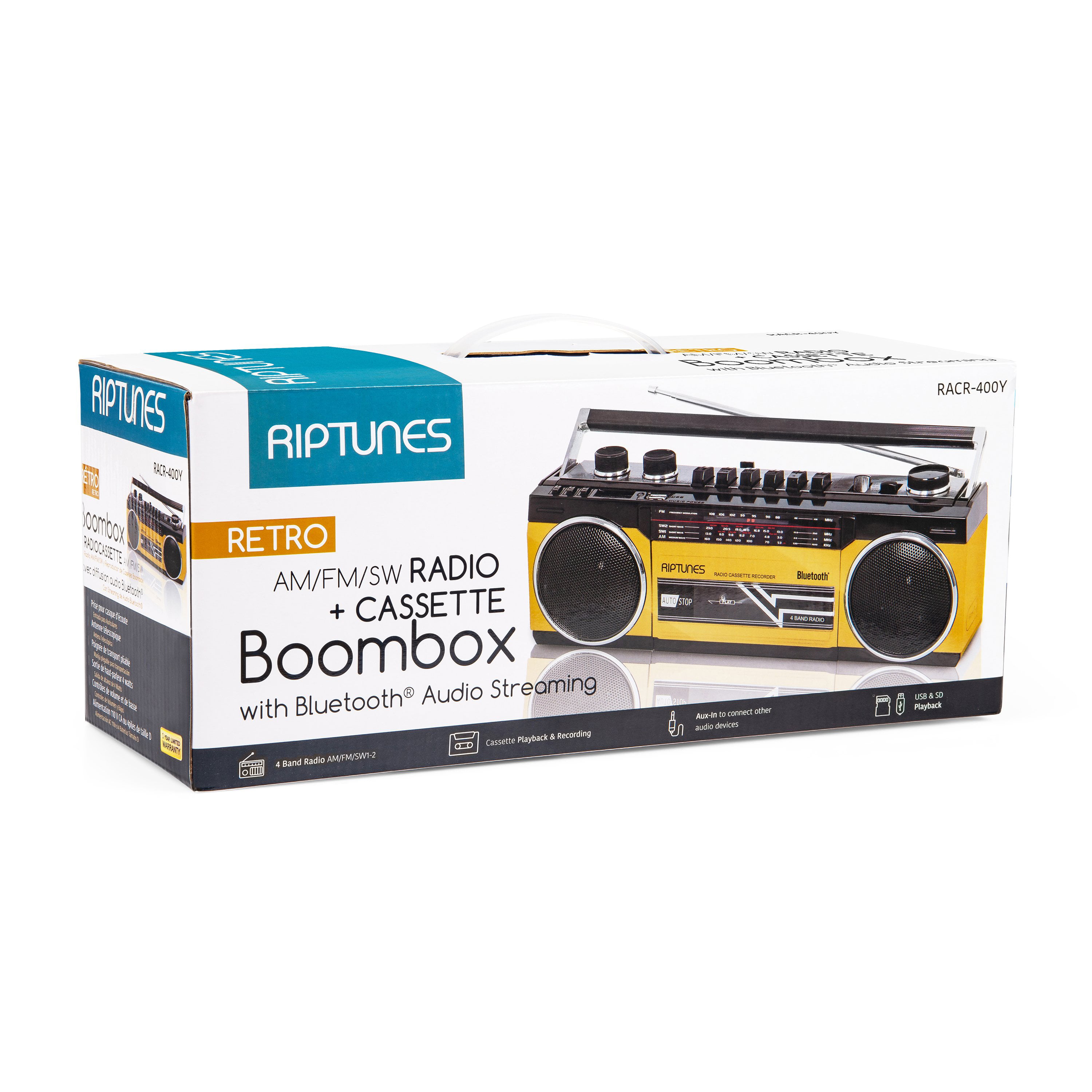 with Recorder, Cassette Radio Riptunes Retro Blueooth and Radio Band Boombox AM/FM/SW1/SW2 Player