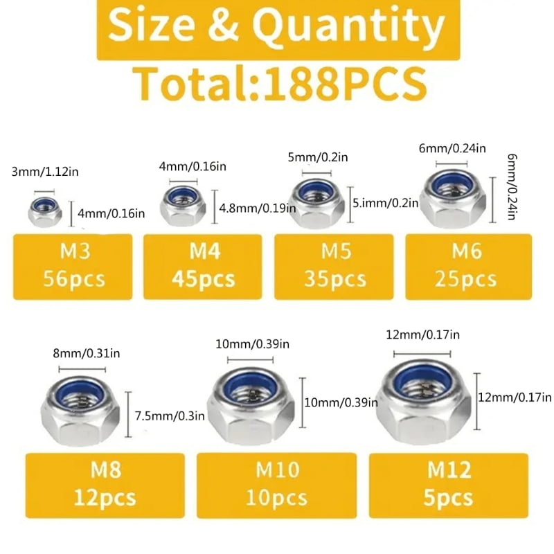 Hex Nut 188pcs Steel Assortment M23 to 12MM Strong Fastener Hardware for Home