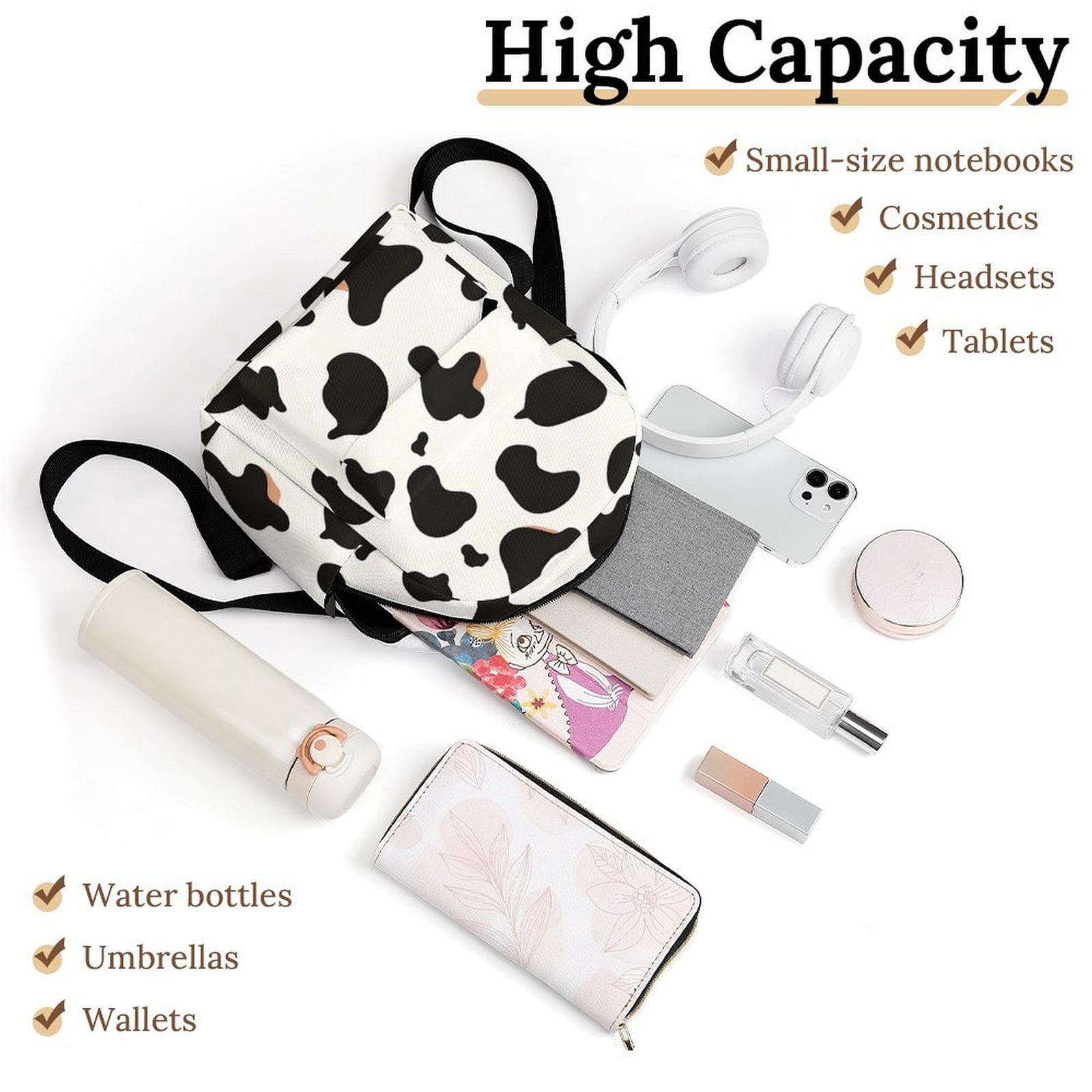 8.1×10in Casual Women'S Backpack With Anti-Contraction And Stretch For Sports Activities Travel Picnics Simple Cow Print Pattern1_1