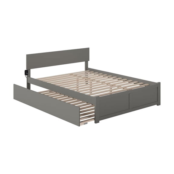 King Platform Bed with Trundle - Grey Wood Bed Frame, USB Charger, Adjustable Headboard
