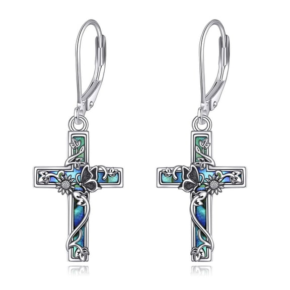 Butterfly Cross Earrings Sterling Silver Abalone Shell Cross Earrings Dangle Drop Leverback Earrings Jewelry Gifts for Women