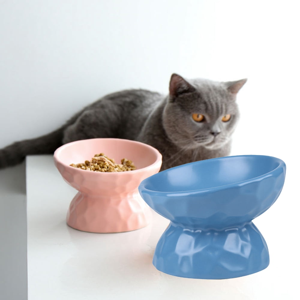 Tilted Cat Bowl Anti Vomiting, Double Raised Cat Bowls for Food and Water, Elevated Ceramic Small Dog Feeder, Protect Pet's Spine, Dishwasher Safe, Porcelain Slanted Dishes - BLUE