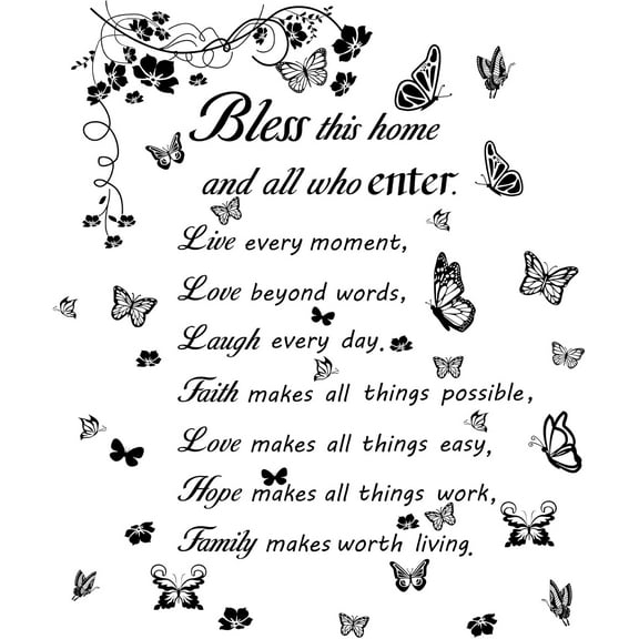 4pcs Vinyl Wall Decals Flowers Butterfly Inspirational Quotes Wall Stickers Self-Adhesive Peel and Stick Watercolor Mural Decoration for Bedroom Living Room Kitchen Wardrobe Door Playroom Black