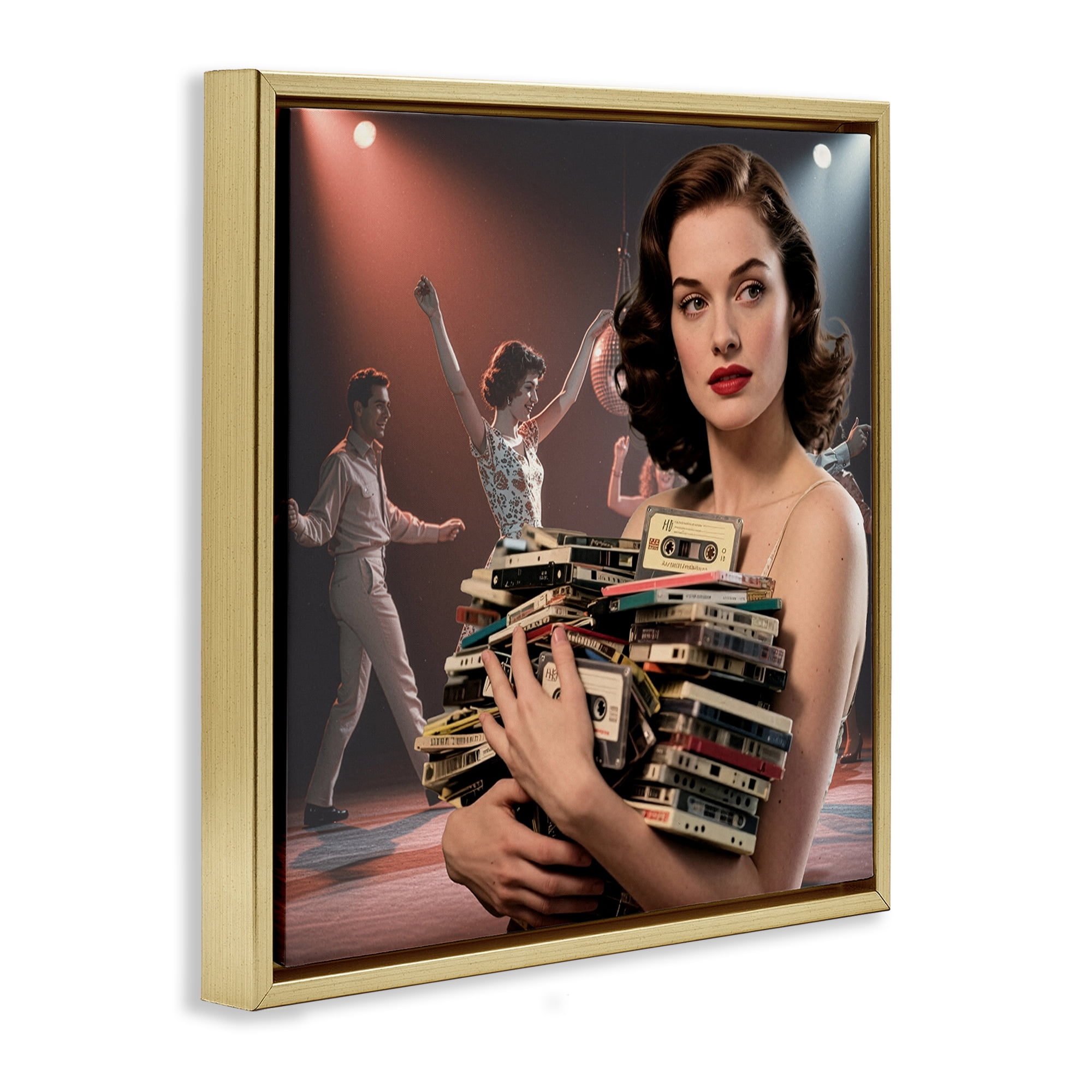 Stupell Industries Woman Holding Vintage Cassette Collection Gold Framed Floater Canvas Wall Art, design by CAD Designs
