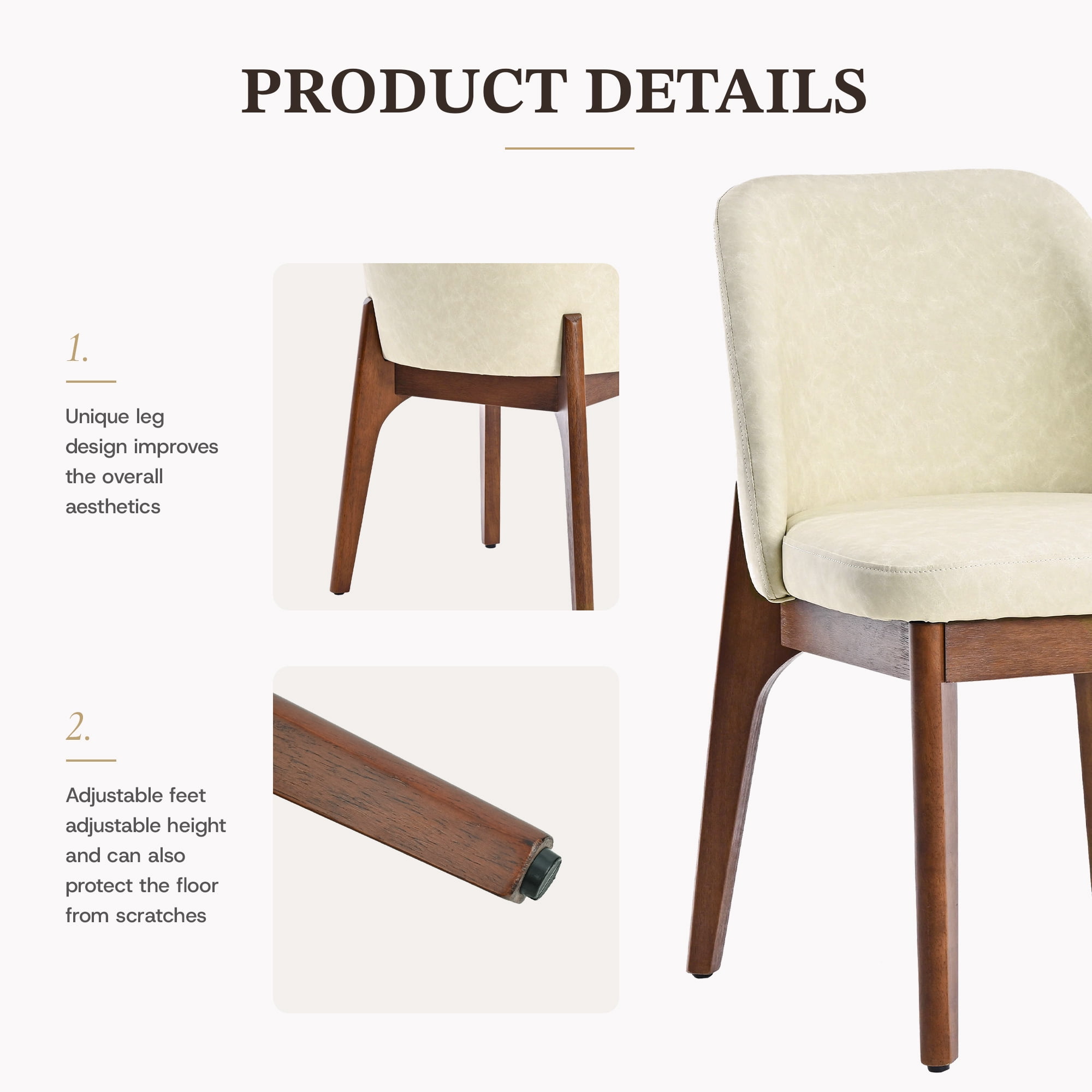 19.7" W Faux Leather Dining Chairs Set of 2, Modern Upholstered Kitchen Chairs with Solid Wood Legs, Easy Clean, Beige