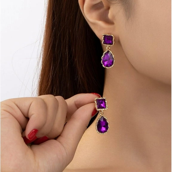 Pierced 1 1/4" gold and purple stone square & teardrop earrings