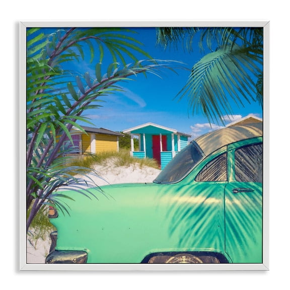 Stupell Industries Tropical Vintage Car Coastal Vacation Cottages White Framed Giclee Art, 17 x 17, by Steve Hunziker