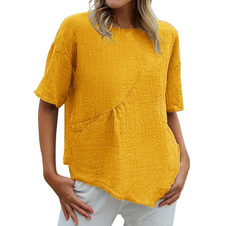 

Women s Summer Cotton Linen Casual Short Sleeve T-Shirt Round Neck Solid Color Loose Blouse with Pocket