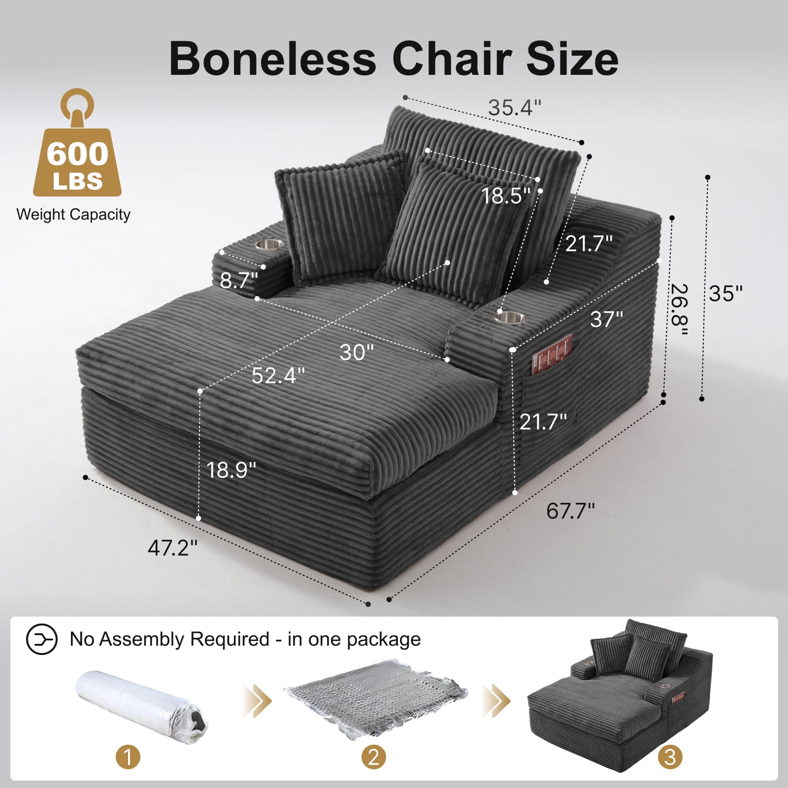 47" Wide Oversized Single Chaise Lounge Chair, 67'' Sleeper Sofa Bed with Cup Holders & 3 Pillows