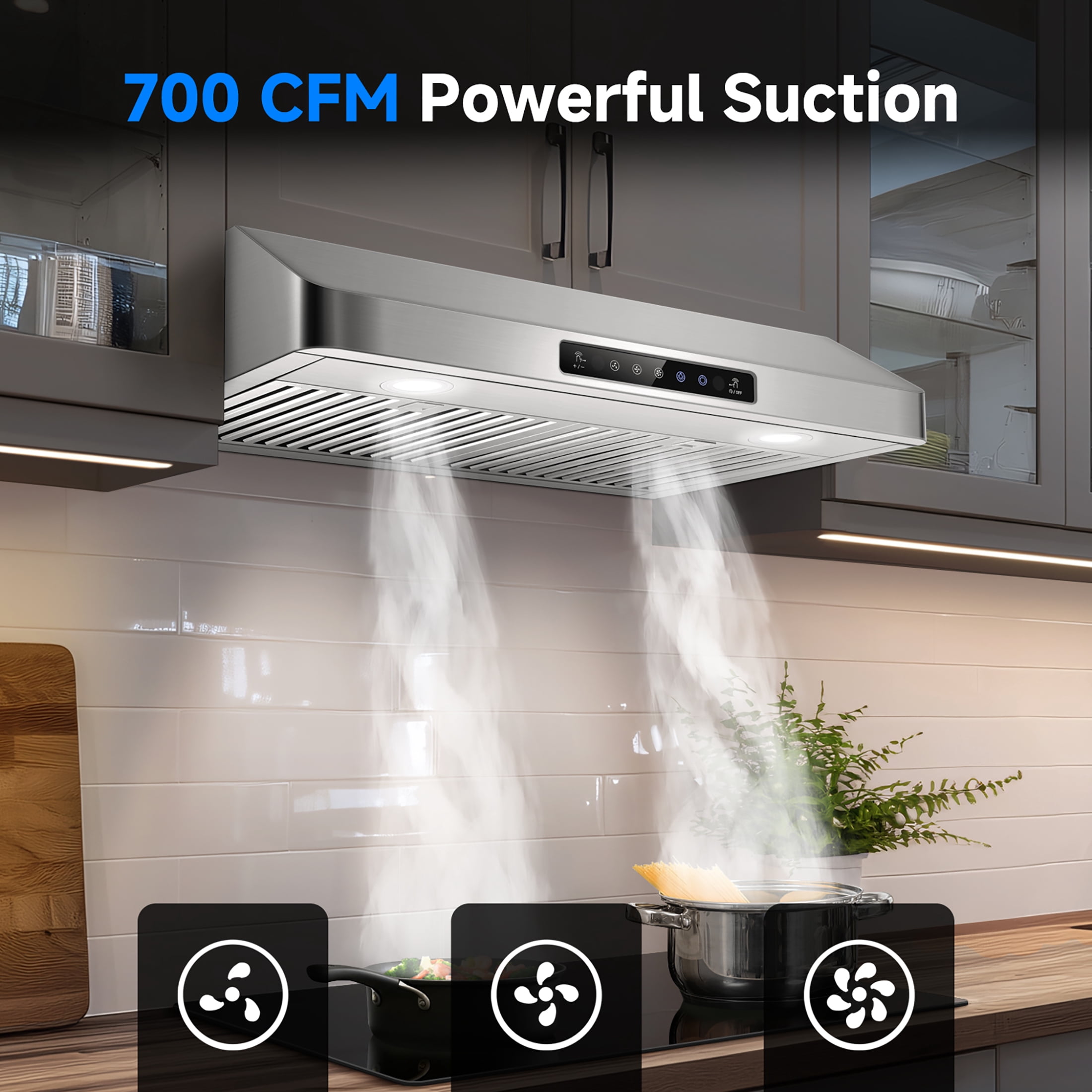 AAOBOSI 30 inch Under Cabinet Range Hood, 3-Speed Stainless Steel Kitchen Vent Hood with Gesture & Touch Control, LED Lights Exhaust Fan, Upgraded
