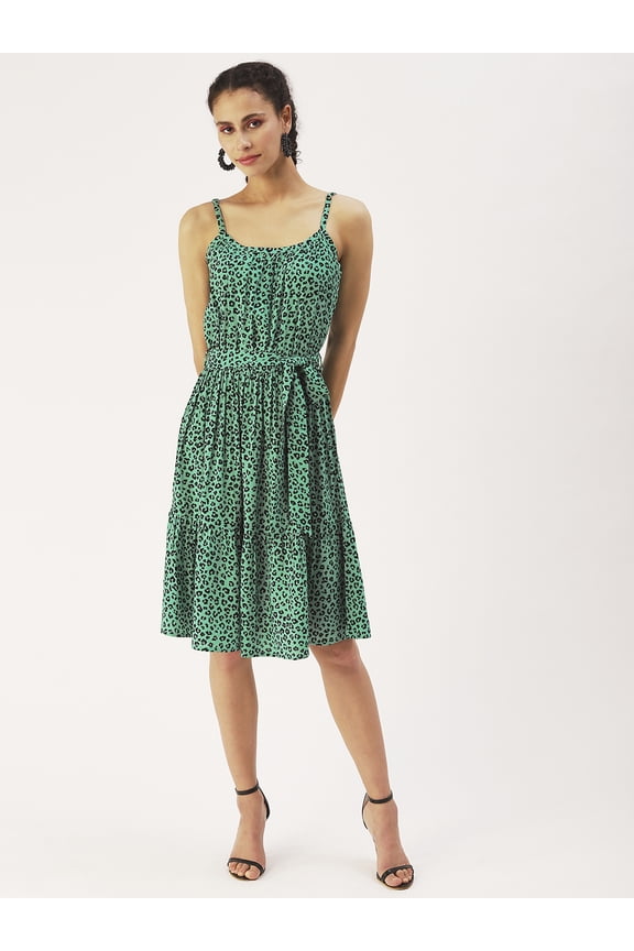 Women’s Printed Viscose Rayon Square Neckline Dress Strappy Light Weighted Sleeveless Knee Length Party Wear Casual Summer Dress