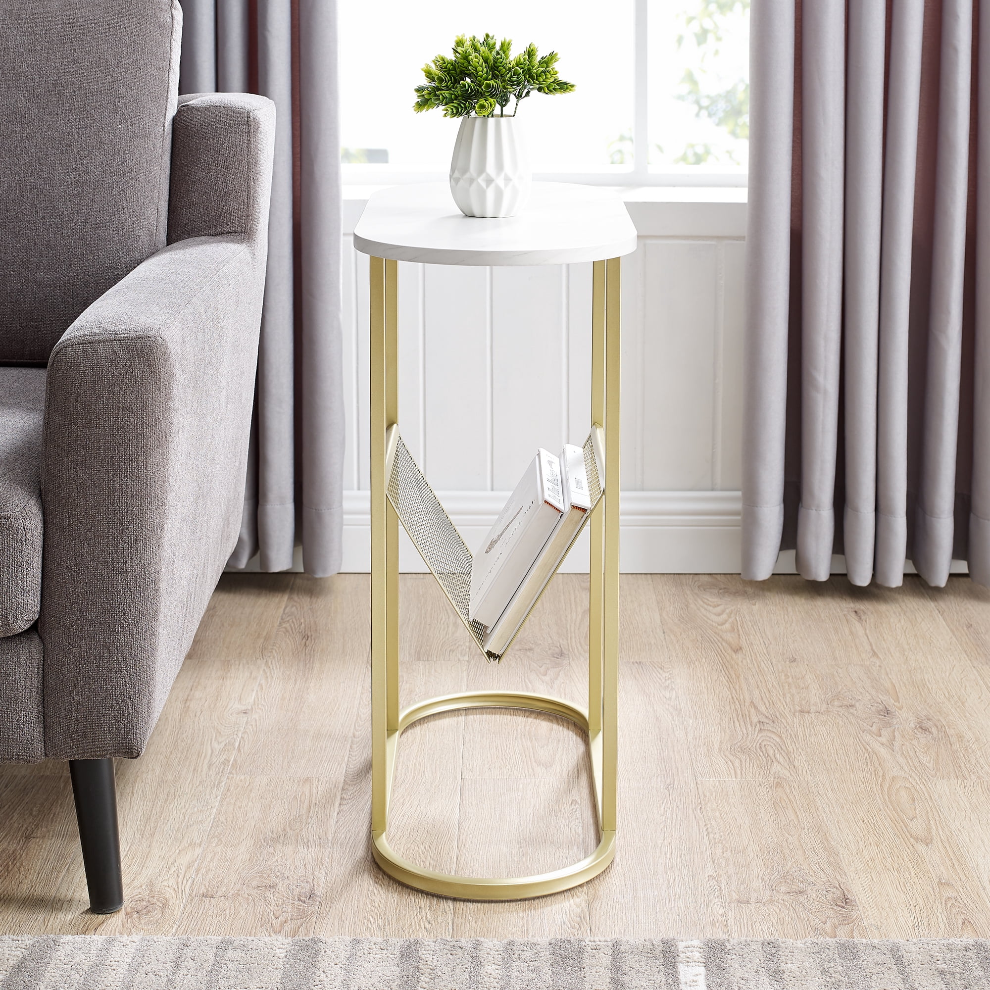 Manor Park Modern Magazine Rack Oval End Table, Faux White Marble/Gold