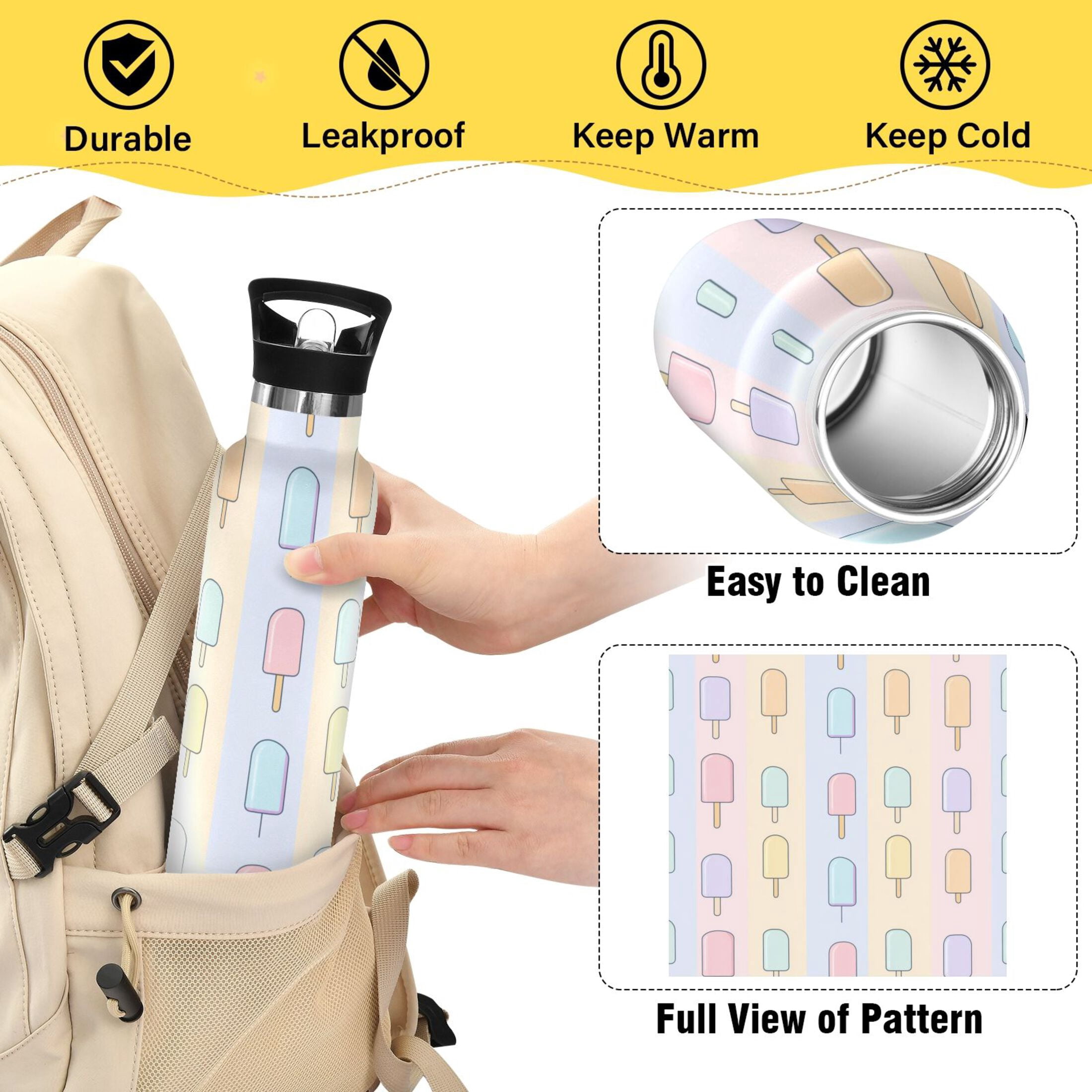 Kids Insulated Stainless Steel Sports Water Bottle 600ml Popsicle Pattern