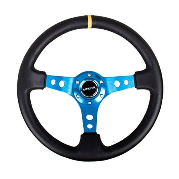 NRG Innovations NRG-RST-006BL-Y Reinforced Steering Wheel - 350mm 75mm Deep Racing Steering Wheels Blue Spoke with Round holes/Black Leather and Yellow Center Stripe