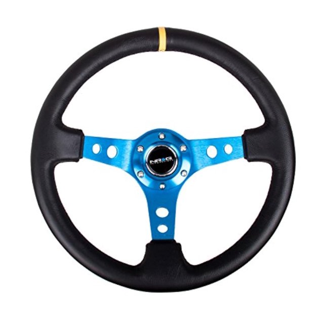 NRG Innovations NRG-RST-006BL-Y Volant Renforcé - 350mm 75mm Volant de Course Profond Rayon Bleu avec Trous Ronds/cuir Noir et Rayure Centrale Jaune