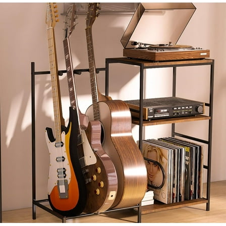 Guitar Stand for Acoustic Multiple Guitars Holder with 3-tier Storage Shelf, Guitars Display Rack Guitar Amp Accessories with Soft-Padded Protect