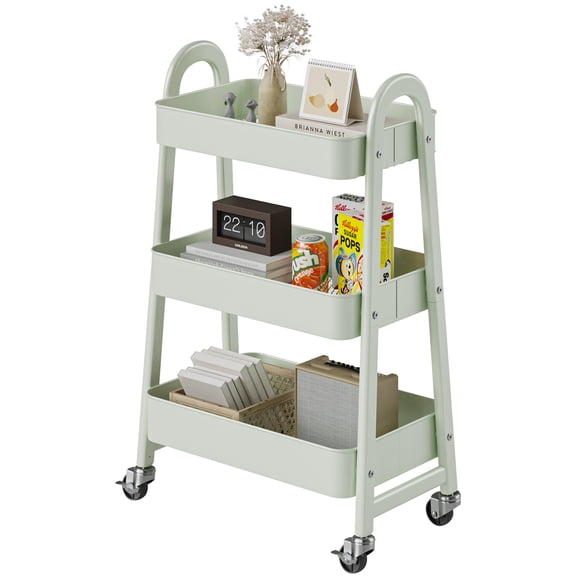 CONCETTA 3-Tier Utility Rolling Cart, Metal Mobile Storage Rack with Lockable Castors for Office, School, Bathroom, Green