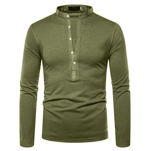 KIHOUT Men's Long Sleeve Tops Clearance Mens Solid Deep V Stand Neck Long Sleeve Button T-shirt Casual Tops Blouse