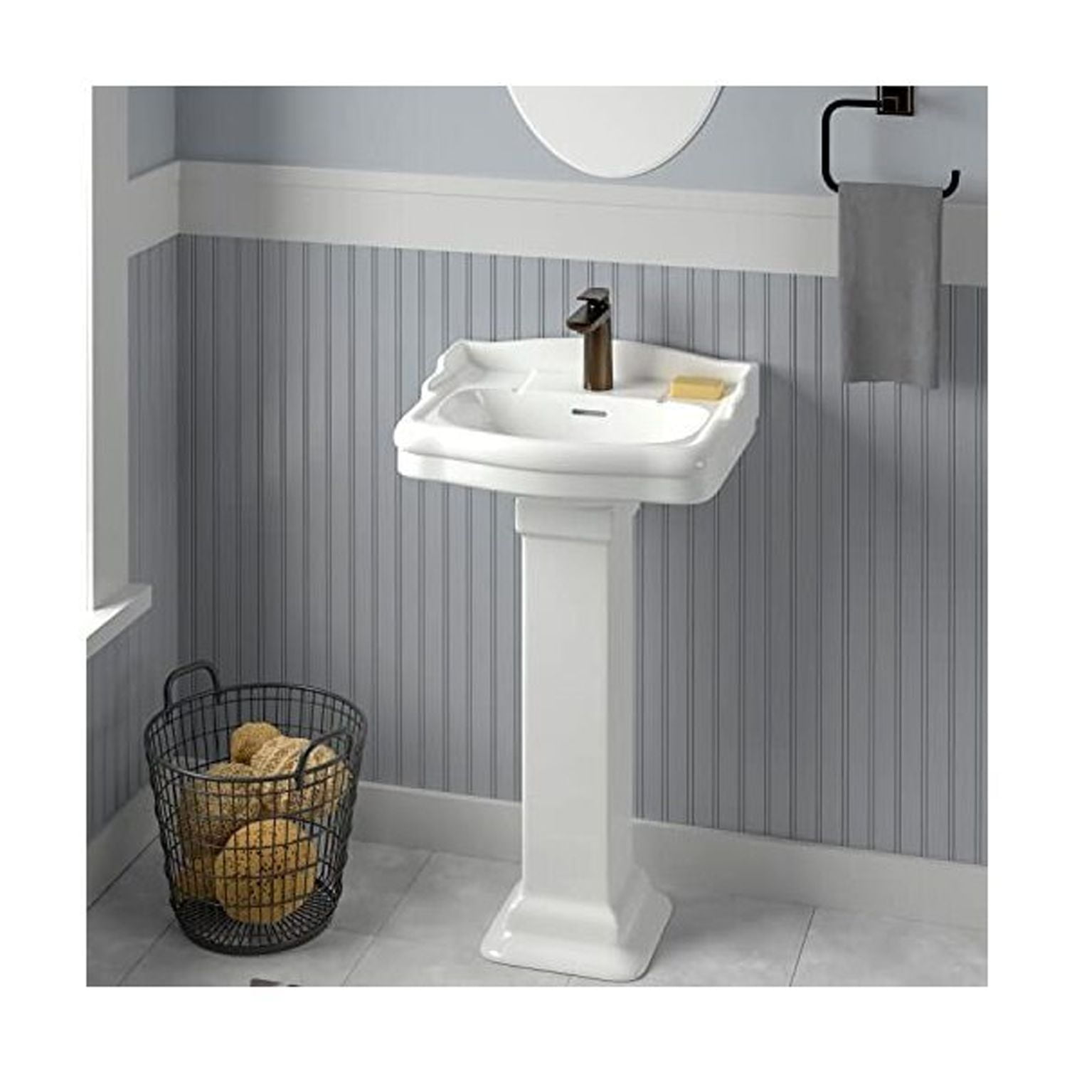 Art Deco Pedestal Sink - 19 Inch Vitreous China Lavatory - Elegant Bathroom Sink with Hardware