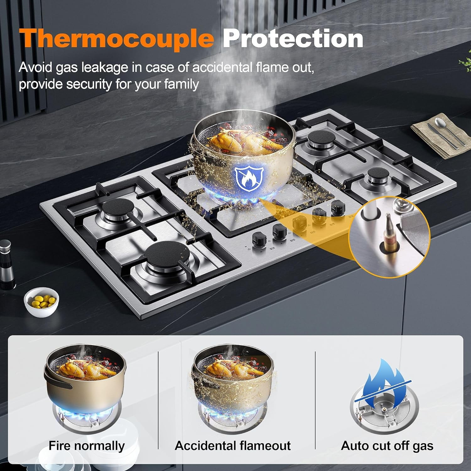 AMZGACHFKTCH 36 Inch Gas Cooktop with 5 Burners, Stainless Steel, LPG/Natural Gas Convertible, Thermocouple Protection