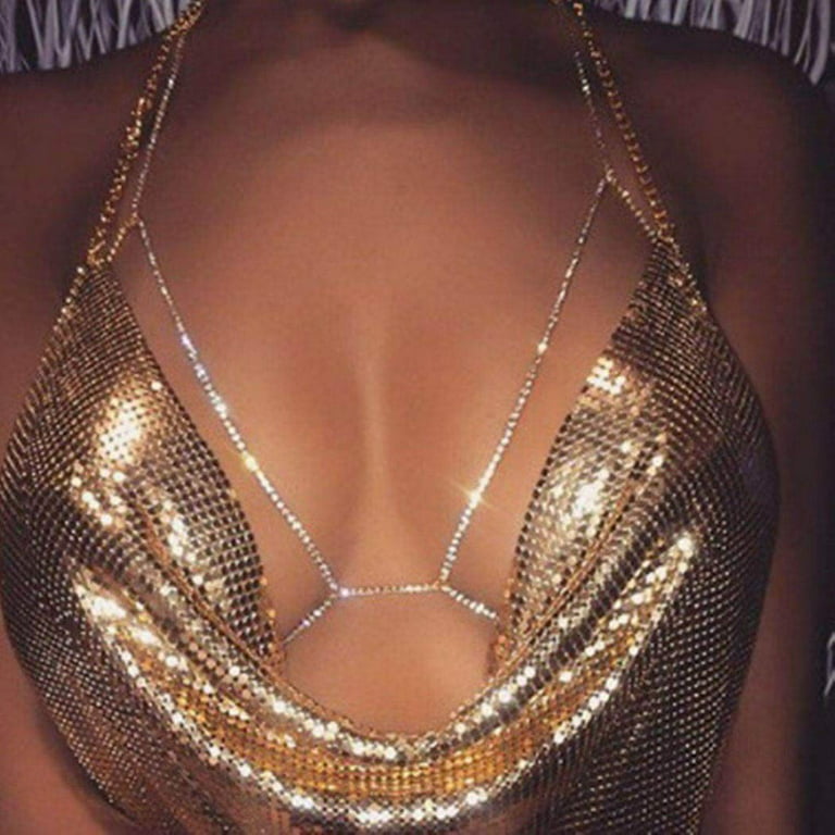 Lady Glitter Rhinestone Body Chain Bra Crystal Bikini Cropped Top Sexy  Party Bar