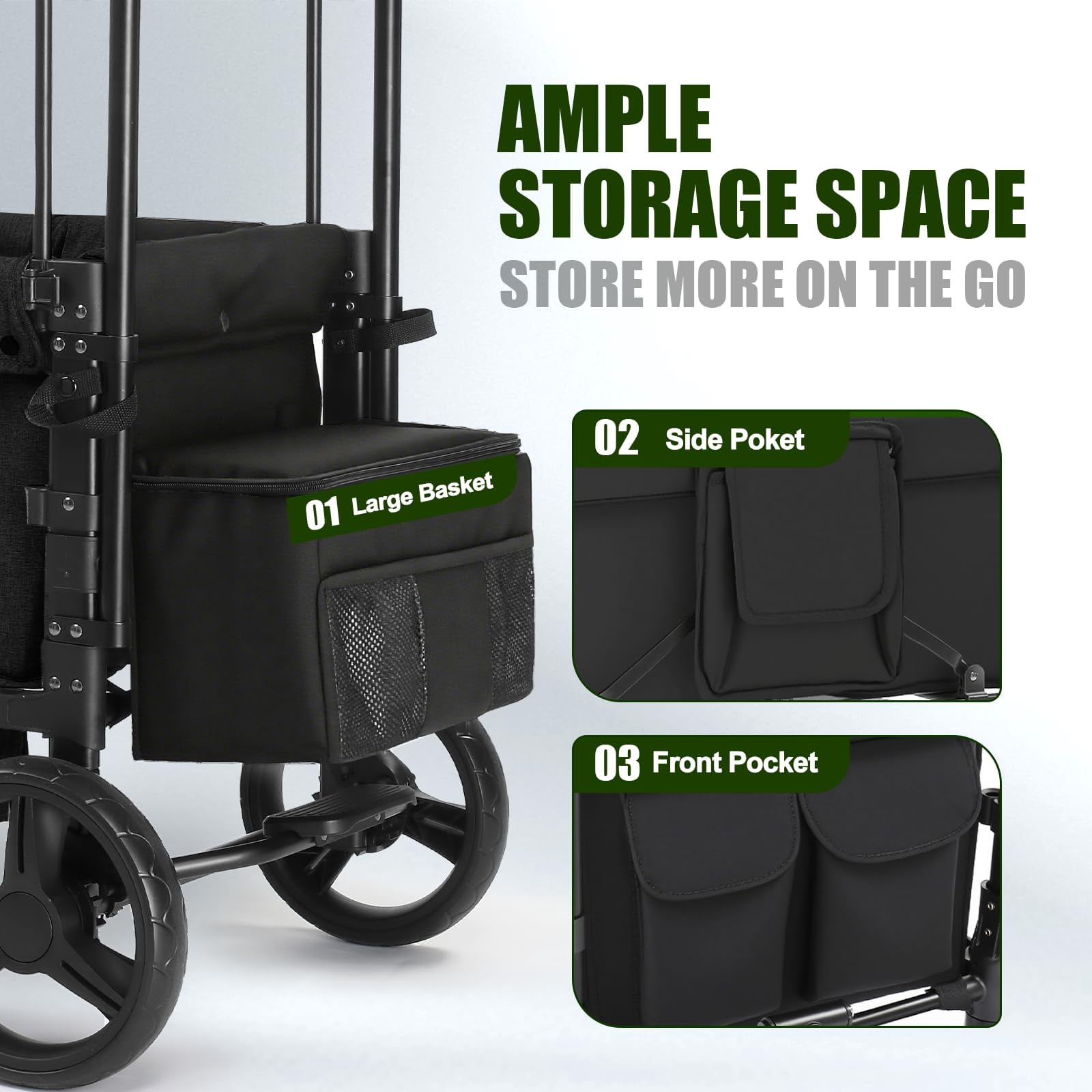 Wagon Stroller for 2 Kids, 3 in 1 Push and Pull Foldable Wagon with Footwell, All-Terrian Wheels, Includes Adjustable Canopy, Ample Organizer, 5 Point Harness (Black)