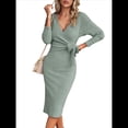 thumbnail image 1 of Vestido de Suéter de Larga para Mujer, Vestido Ajustado con Abertura Lateral, Otoño, Midi, , Escote en V Profundo, Ajustado, Verde M, 1 of 8